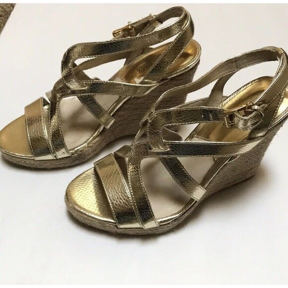 Michael Kors Palm Beach Gold Leather Snake Print Metallic Espadrille Wedge 9.5 - Picture 5 of 10